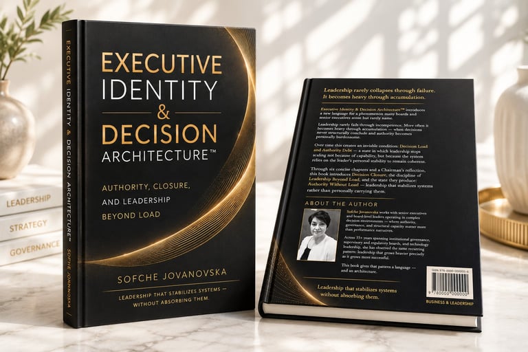 Two copies of Executive Identity and Decision Architecture book displayed front and back covers on marble surface with decorative elements