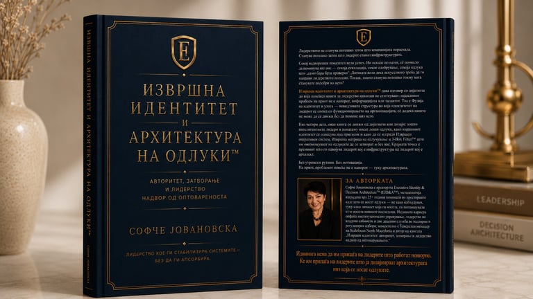 Темно сина книга со златен текст и лого на штит, отворена на работна маса со декоративни предмети и книги во позадина