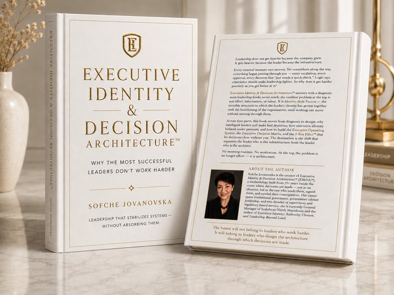 Two open pages of the book Executive Identity and Decision Architecture displayed on a marble surface with decorative items in background