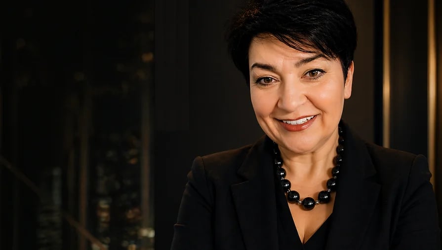 Professional headshot of a woman with short dark hair wearing a black blazer and beaded necklace against a dark background
