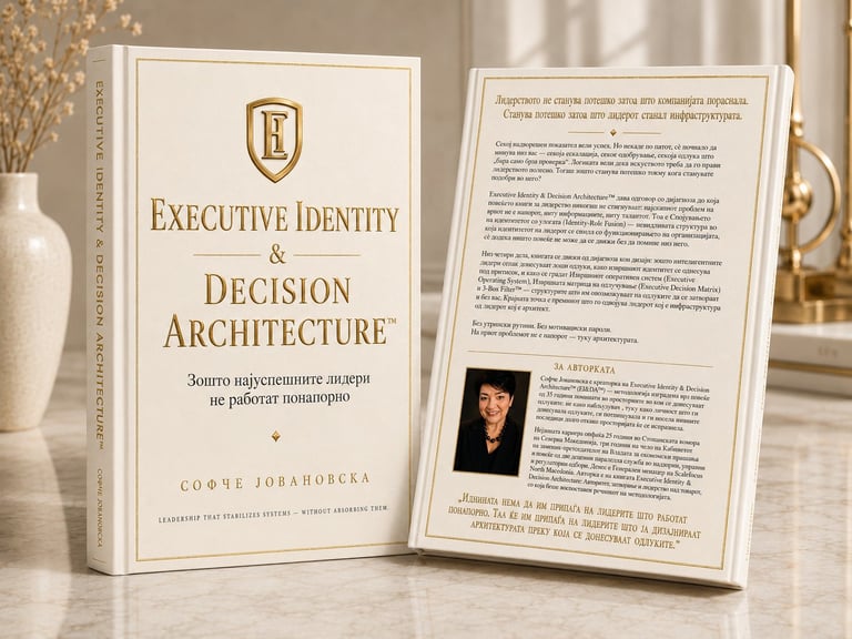 An open hardcover book titled Executive Identity & Decision Architecture with a beige cover, displayed with cream home decor elements in the background.