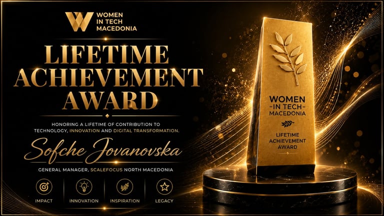 Women in Tech Macedonia Lifetime Achievement Award trophy honoring Solche Jovanovska with gold gleaming design and sparkling effects