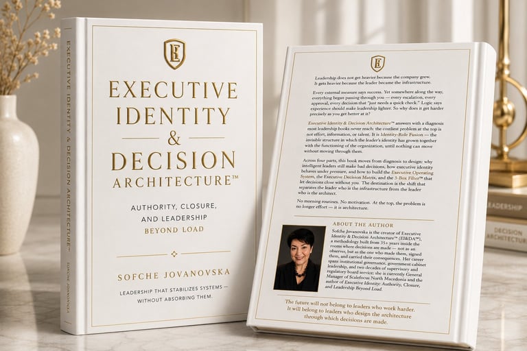 Two open pages of Executive Identity and Decision Architecture book by Sofya Sarbayeva displayed on a white surface with decorative gold accents in the background