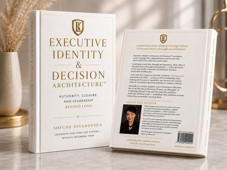 Two views of Executive Identity and Decision Architecture book by Sofche Jovanivska, showing front cover and back cover with author photo
